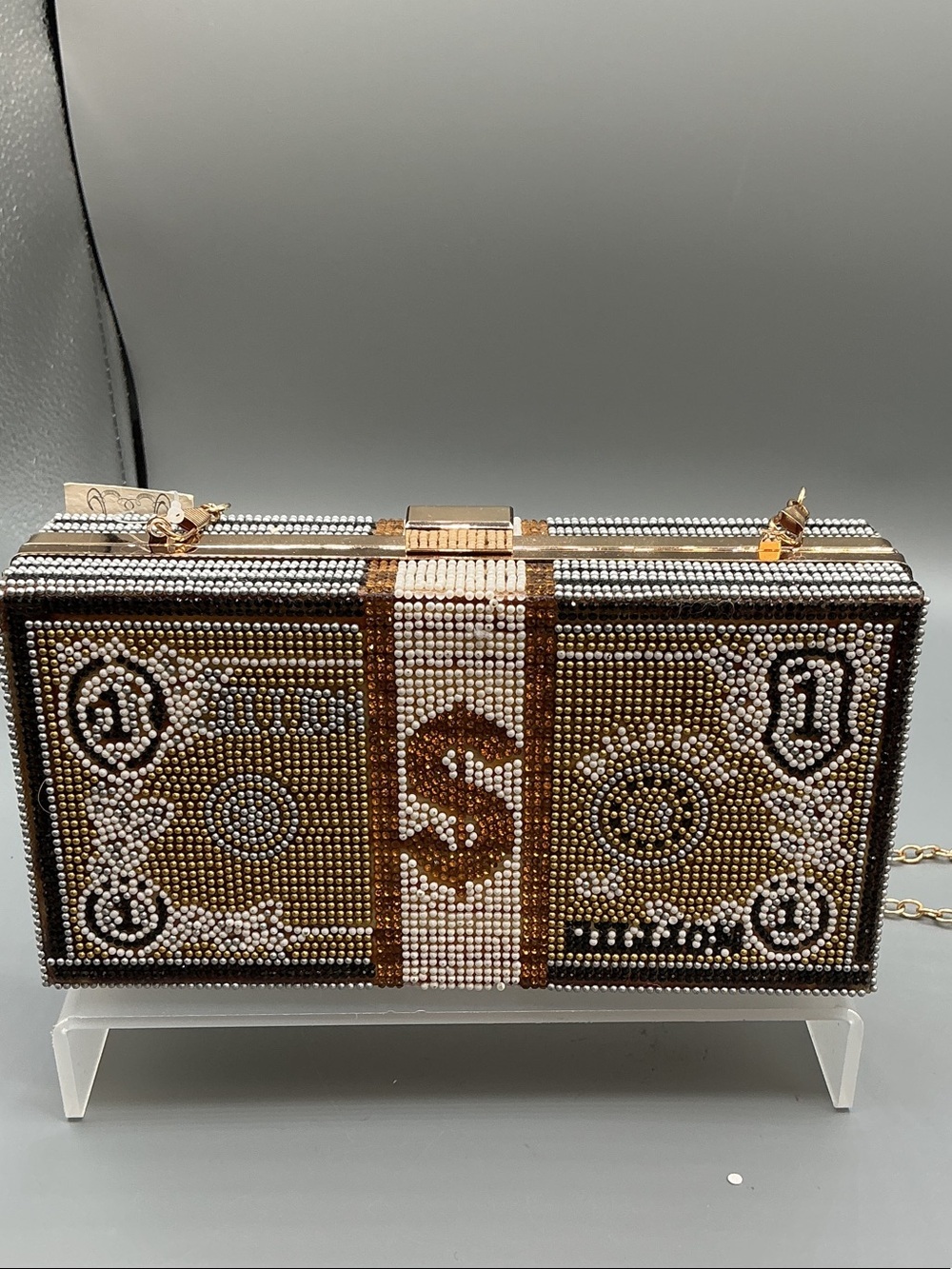 Rhinestone Dollar Bill Clutch Evening Bag Gold Chain Crossbody Bling Purse NWT - Picture 4 of 6